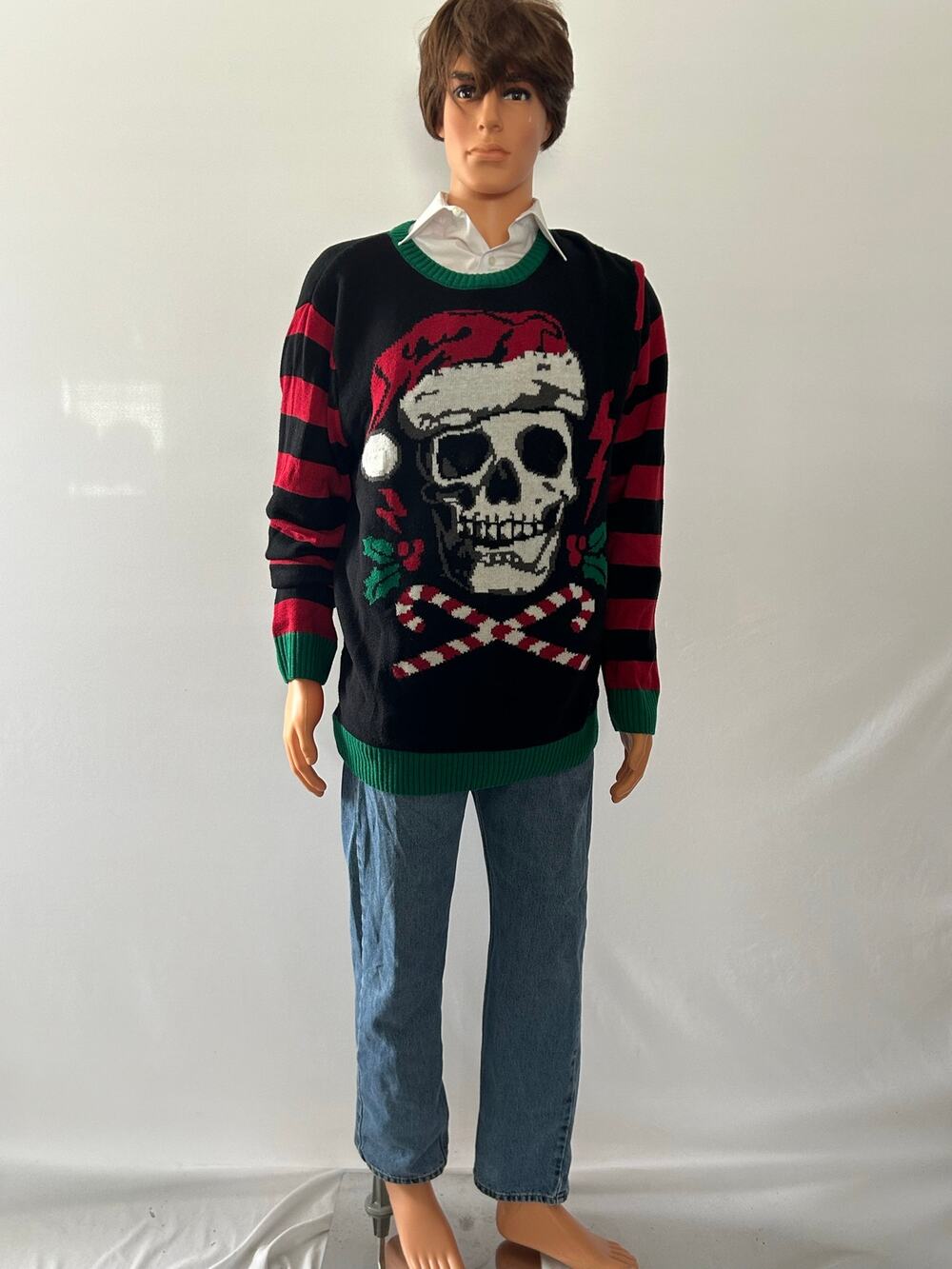 Ugly Christmas Sweater Mens XL LED Light Up Santa Skull Candy Cane Gothic Knit